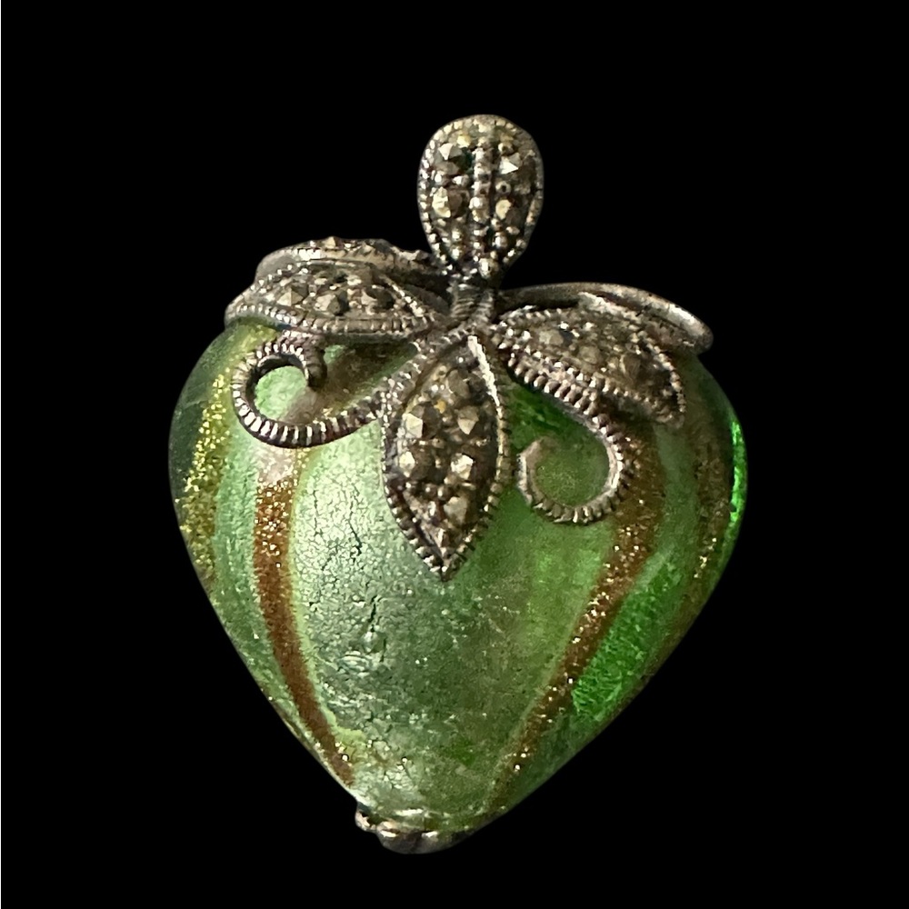 Green Dychroic Glass Heart Pendant with Silver Leaf Detail 22” Sterling Chain